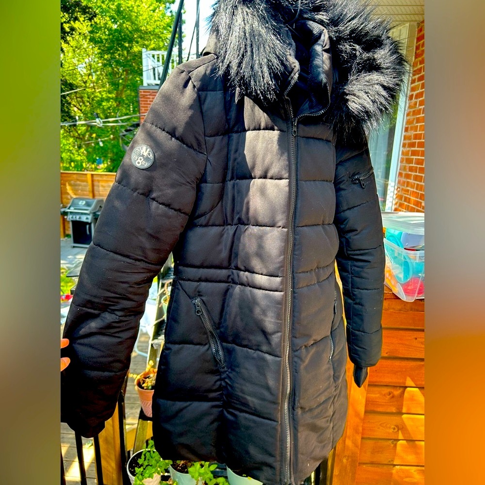 Women's Nautica Black Puffer Coat with Faux Fur Hood